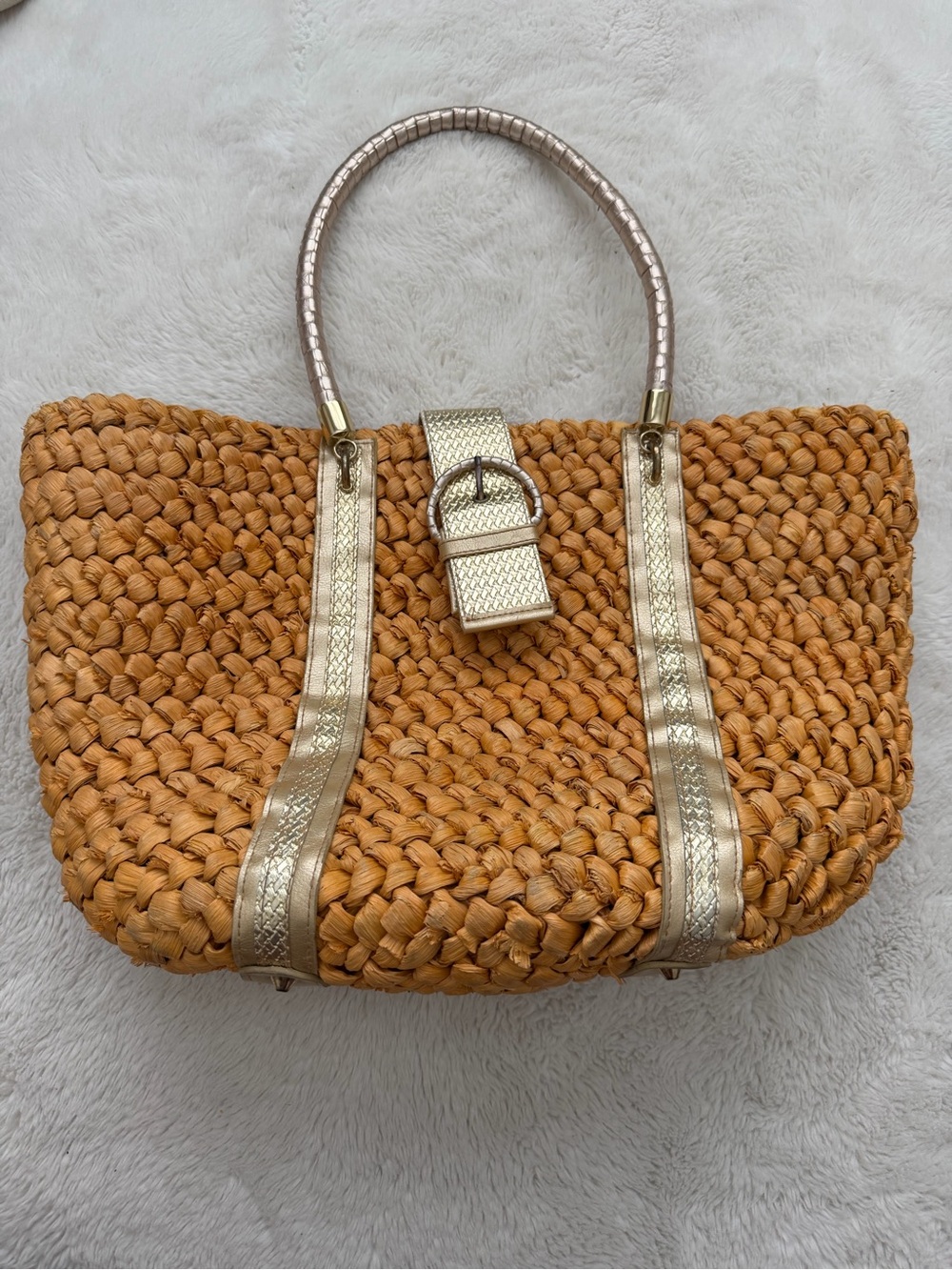 Woven Straw Tote with Metallic Gold Trim - Women Bags